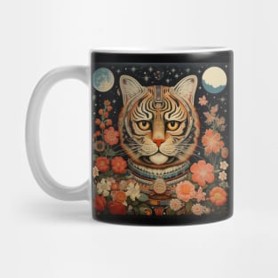 Surrealistic Folk Art Dark Floral Motif Tiger Design Mug